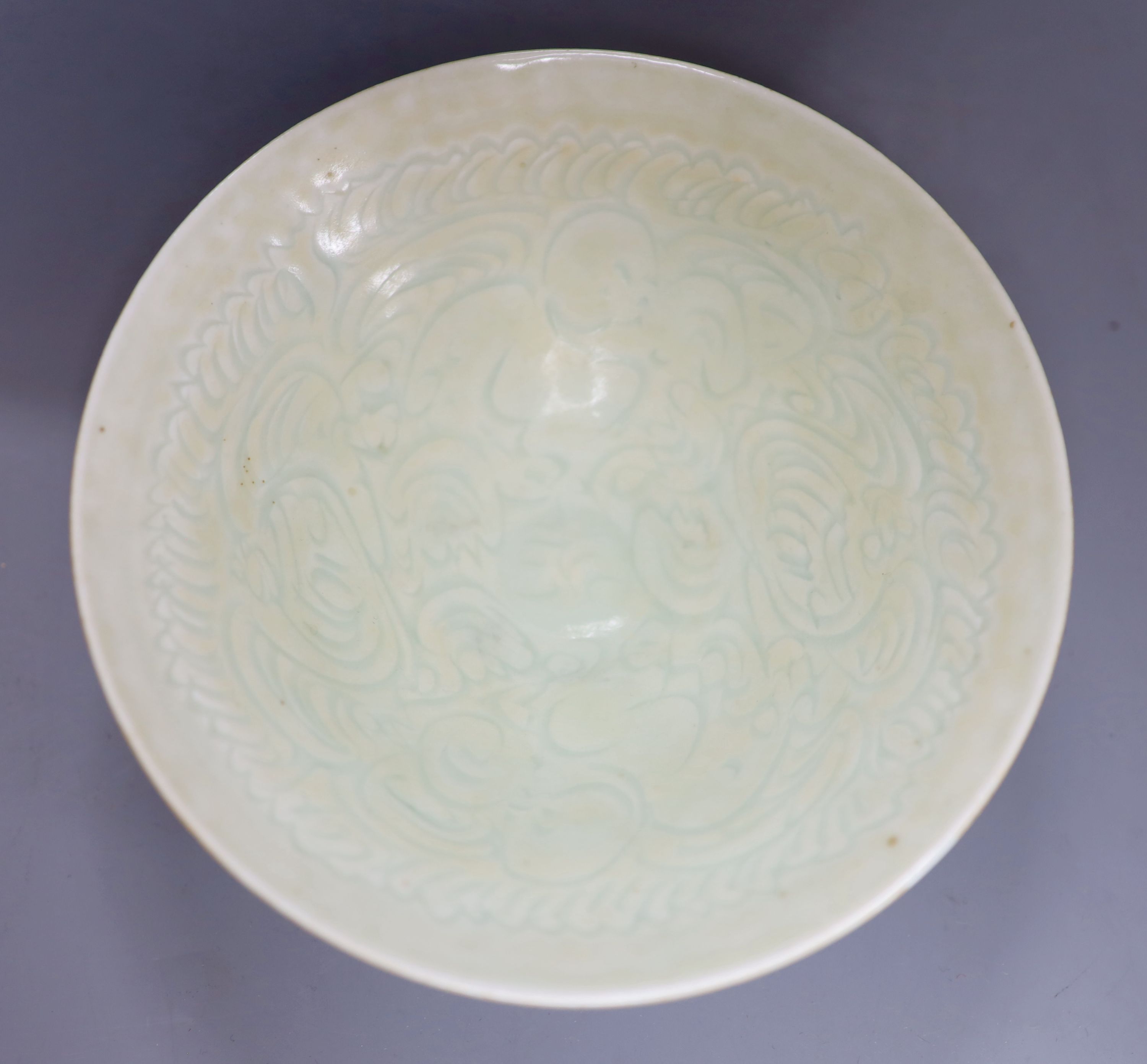 A Cantonese punch bowl together with a Qingbai style bowl, largest diameter 28cm